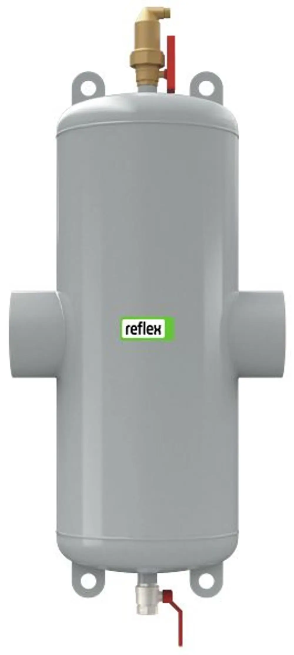 Mikroblasen- und Schmutzabscheider von Reflex Winkelmann, zylindrische Bauform mit verschiedenen Anschlussmöglichkeiten und einem Sicherheitsventil.