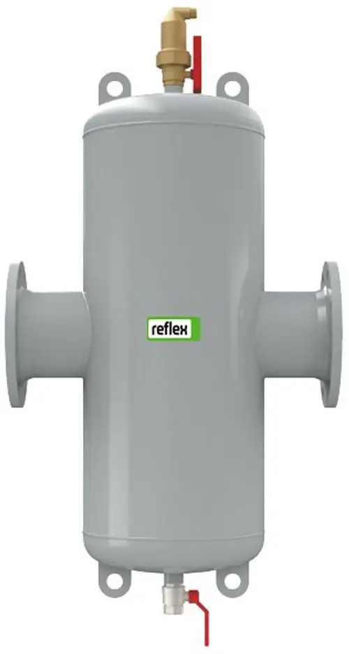 Mikroblasen- und Schmutzabscheider in grau mit Flanschen, Ventilen oben und unten, von der Marke Reflex Winkelmann.