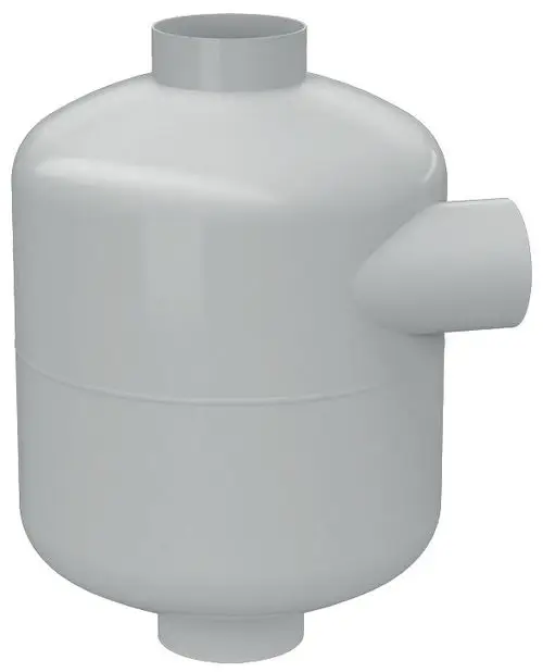 Grauer Reflex Entspannungstopf mit einer runden, geschlossenen Form und seitlichem Anschluss. Geeignet für Druckanwendungen bis 10 bar und Temperaturen bis 110 °C.