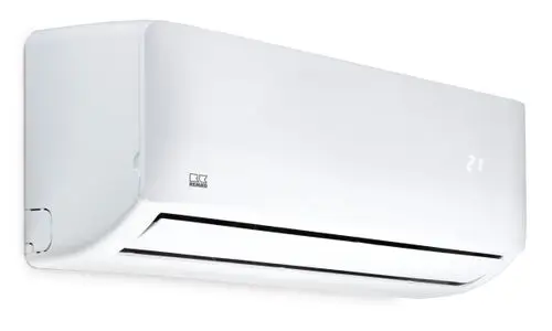 Ein Wandklimagerät in weißer Farbe mit digitaler Anzeige und horizontalen Luftauslässen, geeignet für Kühlung und Heizung.