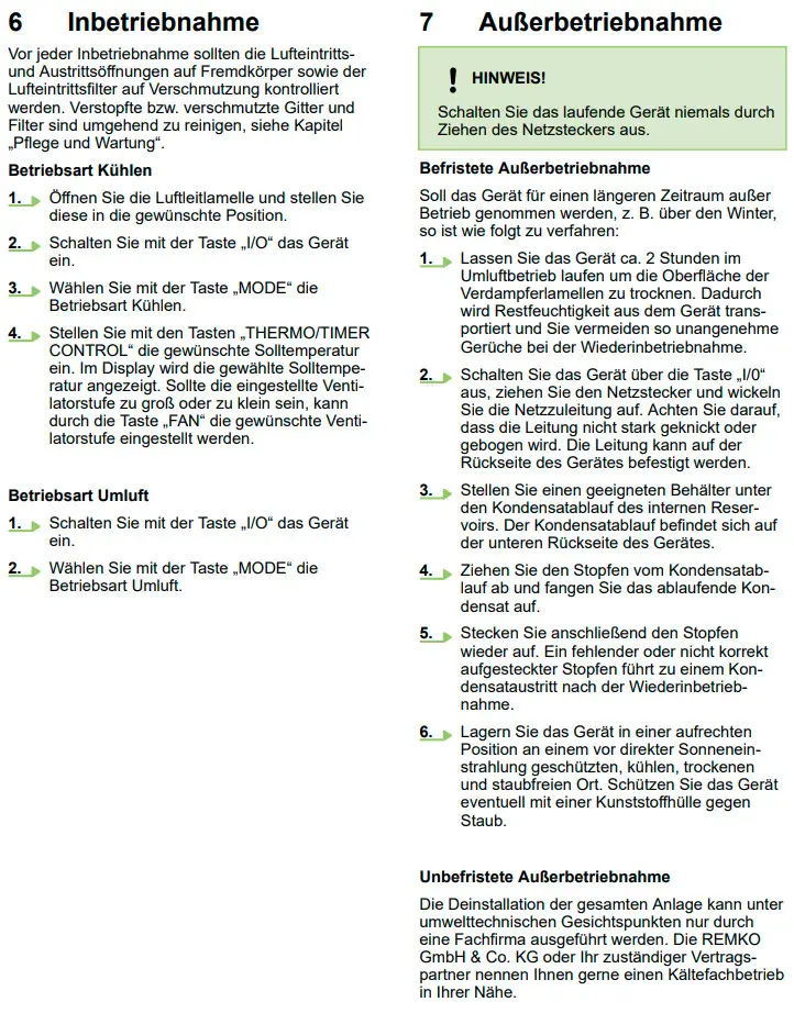 Betriebsanleitung für ein Raumklimagerät von Remko, einschließlich Inbetriebnahme und Außerbetriebnahme, mit Anweisungen zur Kühlung und Umluftbetrieb.