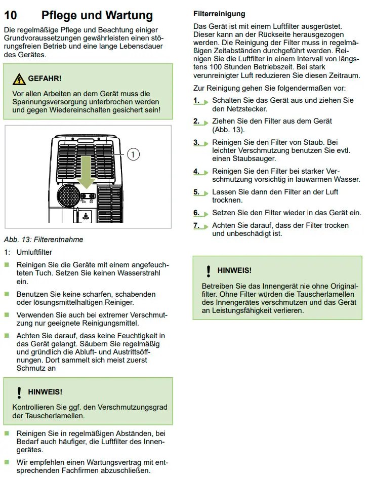Pflege- und Wartungshinweise für das Raumklimagerät von Remko. Anweisungen zur Filterreinigung und allgemeinen Instandhaltung sind aufgeführt. Achtung auf Sicherheitshinweise.