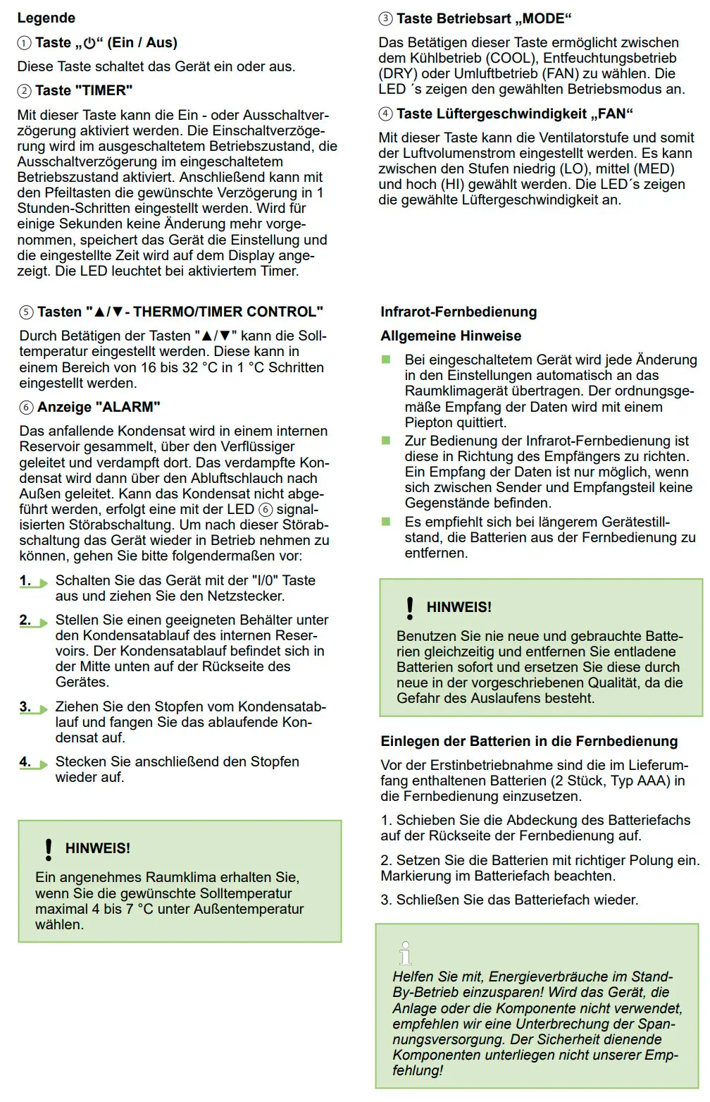 Infrarot-Fernbedienung mit Tasten zur Steuerung eines Raumklimageräts von Remko, einschließlich Timer, Temperaturkontrolle und Alarmanzeige für den Wasserstand.