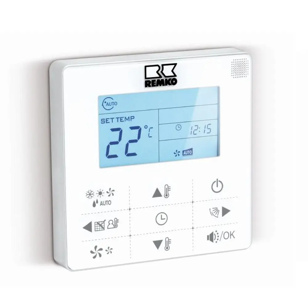 Digitale Steuerungseinheit von Remko mit LCD-Display zur Temperaturregelung. Anzeige von Ist- und Sollwerten sowie Bedienelementen für Kühlbetrieb.