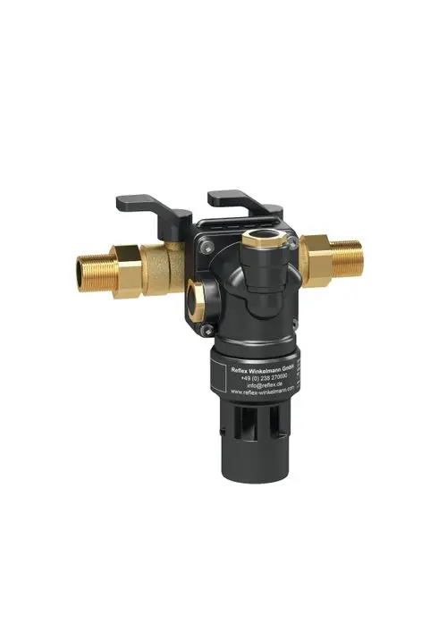 Armatur von Reflex Winkelmann zur Nachspeisung aus Trinkwassernetzen, mit metallischen Anschlüssen und zwei Hebeln zur Steuerung des Wasserflusses.