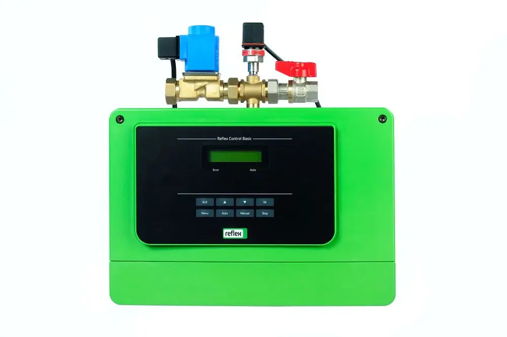 Steuerungseinheit von Reflex Winkelmann in grün mit Display und Bedientasten zur Überwachung und Nachspeisung von Heizsystemen.