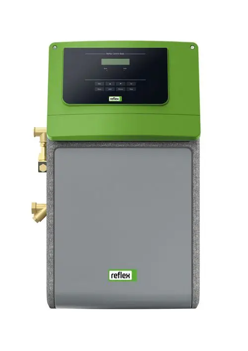 Reflex Winkelmann Nachspeisesystem mit Pumpe, ausgestattet mit einem Bedienfeld in Grün und einer grauen Gehäusefläche, Ventile und Anschlussmöglichkeiten seitlich sichtbar.