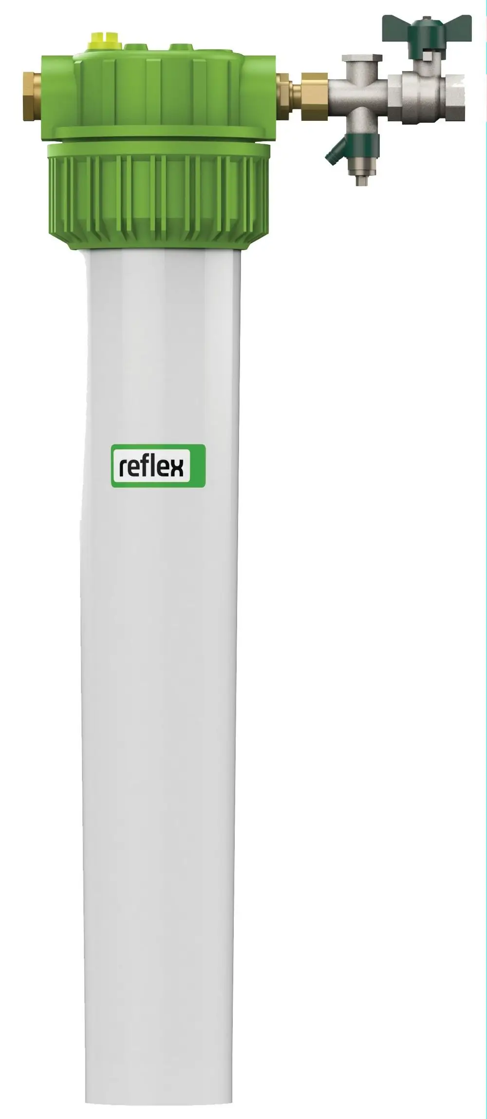 Gehäuse für Füllwasseraufbereitung in Grün und Weiß. Produkt von Reflex Winkelmann, ausgestattet mit Anschlüssen für die Wasserzufuhr und einem Ventil.