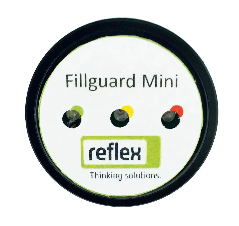 Digitale Anzeige mit drei LED-Leuchten in rot, gelb und grün, auf weißem Hintergrund mit der Aufschrift "Reflex" und "Fillguard Mini". Teil eines Messgeräts der Marke Reflex Winkelmann.