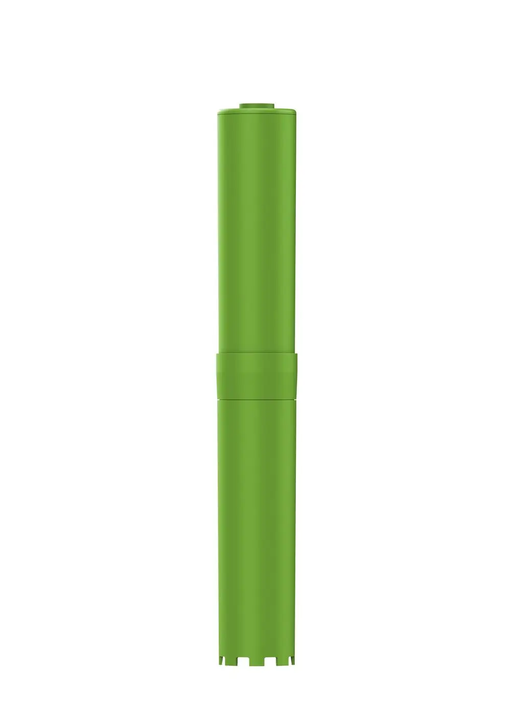 Grüne Enthärtungspatrone mit einem zylindrischen Körper. Teil der Reflex Winkelmann Fillsoft-Serie zur Wasserenthärtung.