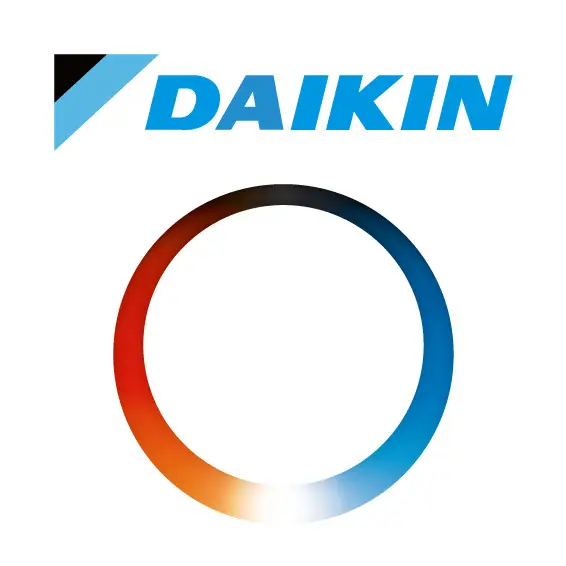 Logo von Daikin mit einem kreisförmigen Farbschema, das von Rot über Orange bis Blau verläuft, auf weißem Hintergrund.