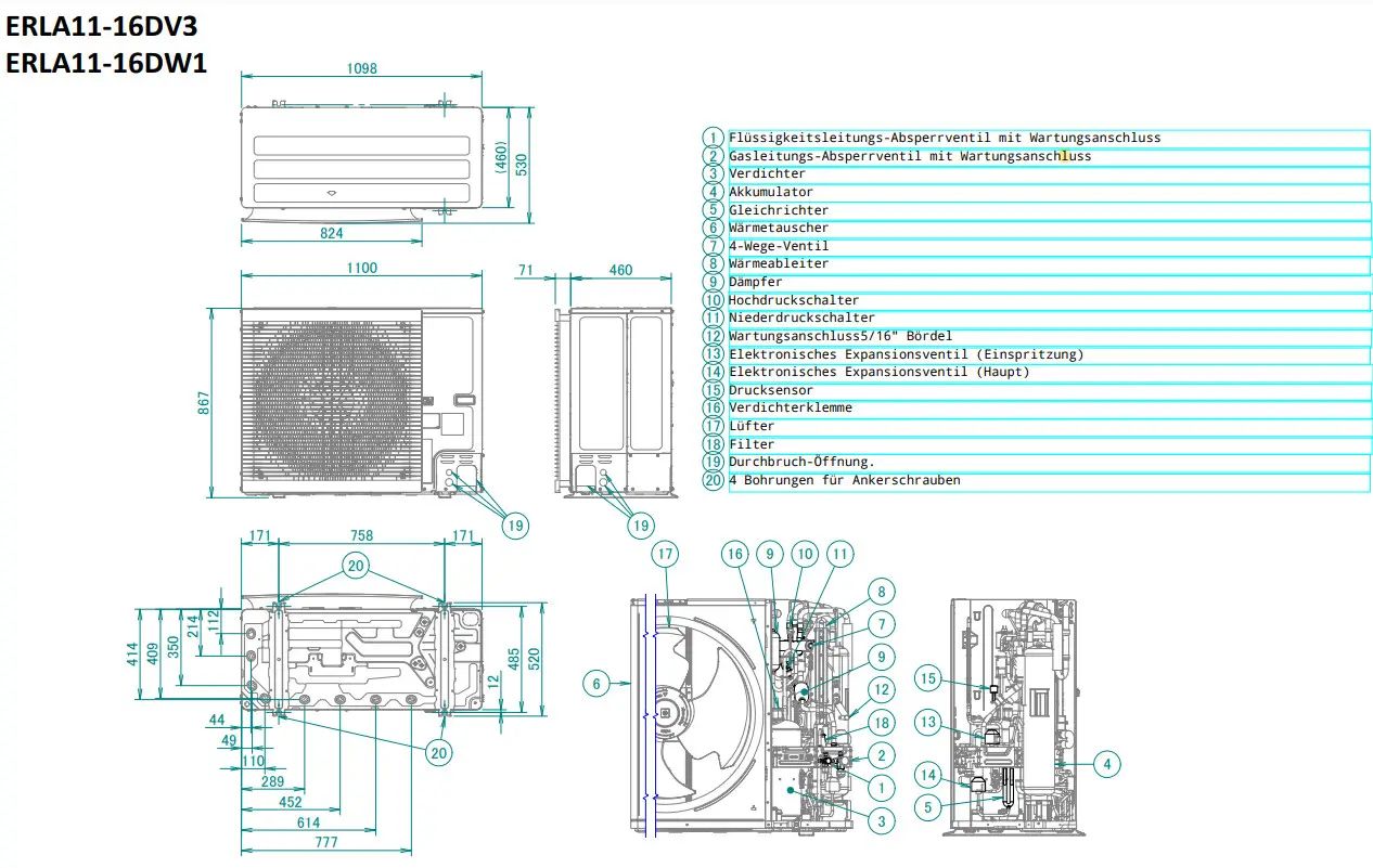 Daikin Wärmepumpen-Außengerät in technischer Darstellung, mit Beschriftung der einzelnen Komponenten und Dimensionen, ansicht von verschiedenen Seiten.
