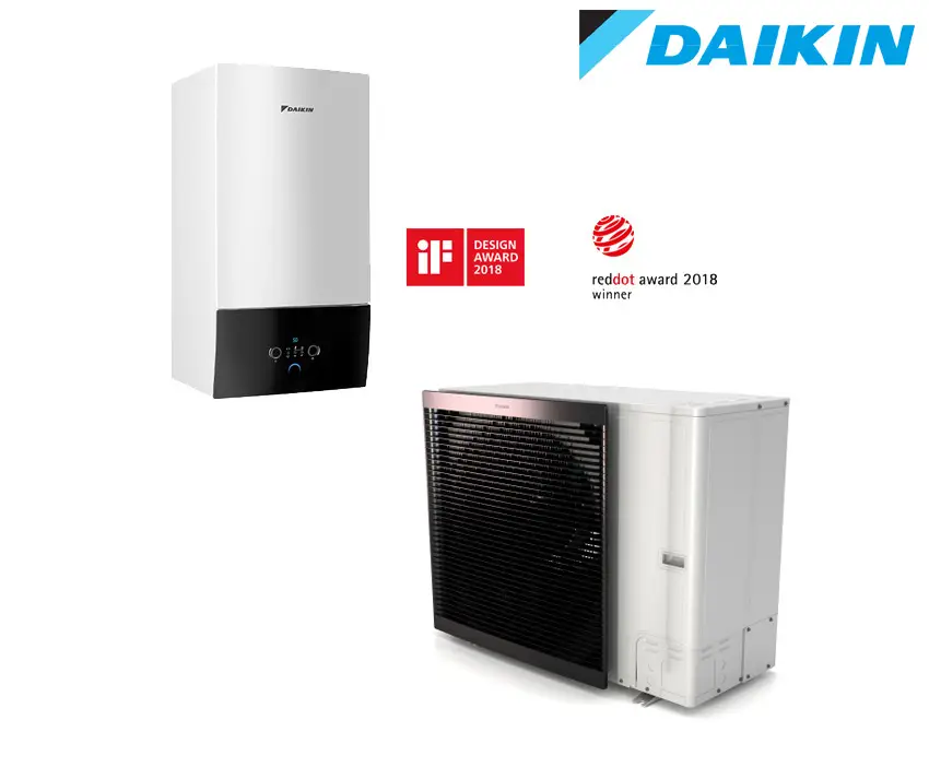 Daikin-Gerät, bestehend aus einer weißen Wandkonsole und einer kompakten Außeneinheit, beide für Heiz- und Kühlfunktionen ausgelegt.