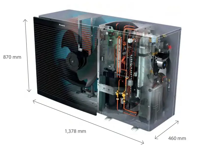 Daikin Wärmepumpen-Außengerät mit transparentem Gehäuse, das Innere zeigt Rohrleitungen und Bauteile, auf einem weißen Hintergrund. Maße sind im Bild angegeben.