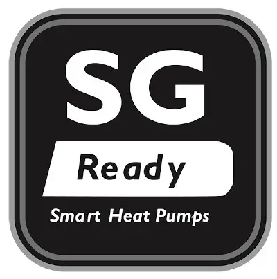 Logo mit der Aufschrift „SG Ready“ und „Smart Heat Pumps“, auf schwarzem Hintergrund. Die Marke Daikin ist bezüglich smarter Heizlösungen in Verbindung mit diesem Logo relevant.