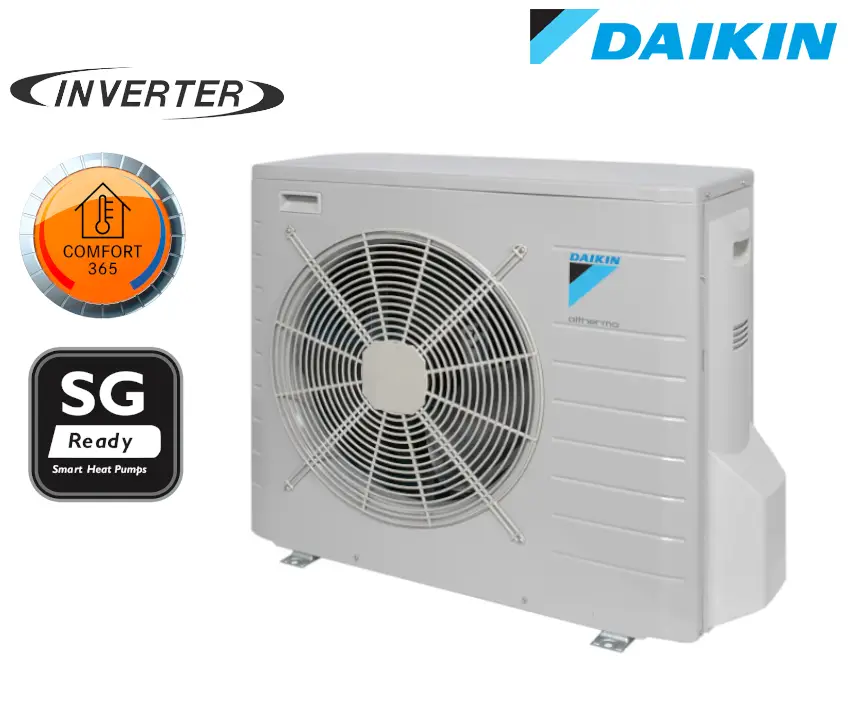 Daikin Außengerät, Inverter-Technologie, ausgestattet mit einem Ventilator, zur Nutzung als Wärmepumpe, mit mehreren Energieeffizienz-Symbolen auf der Vorderseite.