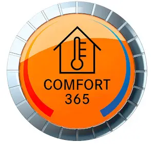 Daikin Temperaturregelungssymbol auf orangem Hintergrund mit Haus- und Thermometer-Icon, umgeben von einem metallischen Design.