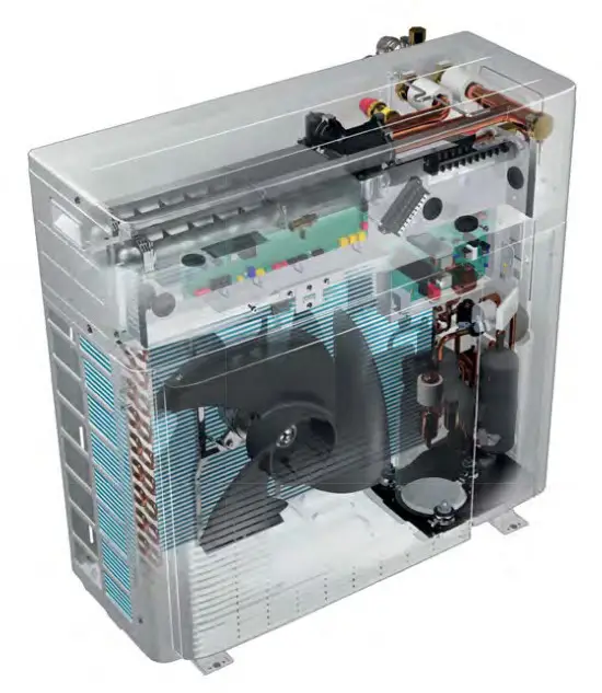 Aufgeschnittene Darstellung eines Daikin Altherma H Hybrid Geräts, zeigt interne Komponenten wie den Ventilator, die Heizschlange und diverse Steuerungen.