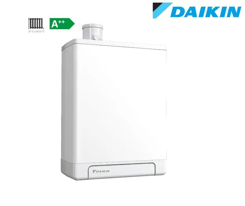 Weißes, rechteckiges Gerät von Daikin, das vermutlich für Heizzwecke verwendet wird. Oben befindet sich ein Abgang für einen Schornsteinanschluss.