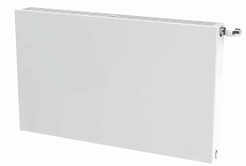Stelrad Planventilheizkörper in schlichter, weißer Ausführung mit flacher Front und seitlichem Anschluss. Geeignet für die Wandmontage.