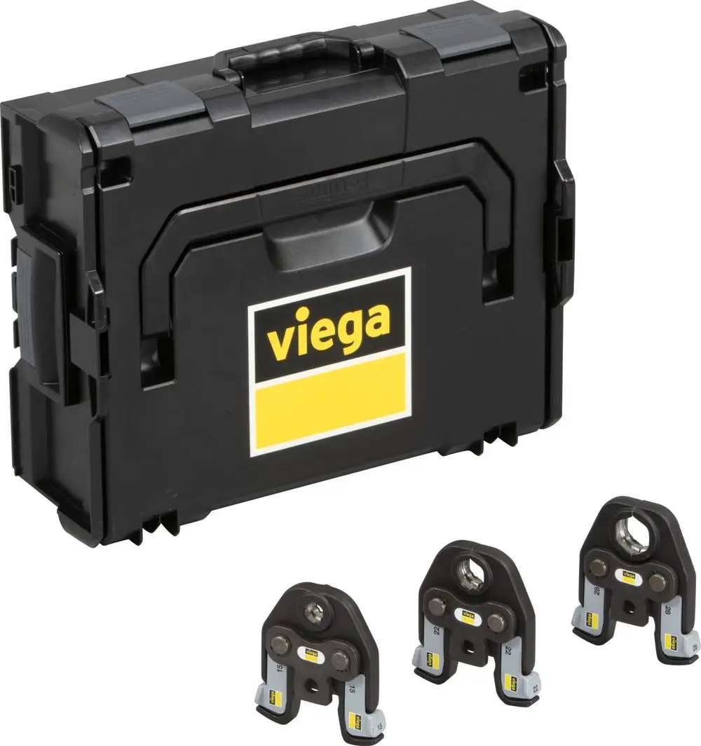 Schwarze Transportbox mit viega-Logo und drei Pressbacken in unterschiedlichen Größen für ein Verbindungssystem. Die Box dient zur Aufbewahrung der Pressbacken.