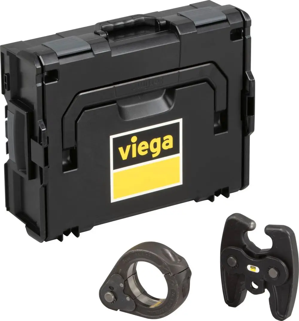 Schwarze Werkzeugbox mit Viega-Logo, die ein Presswerkzeug und eine Verbindungselement enthält.