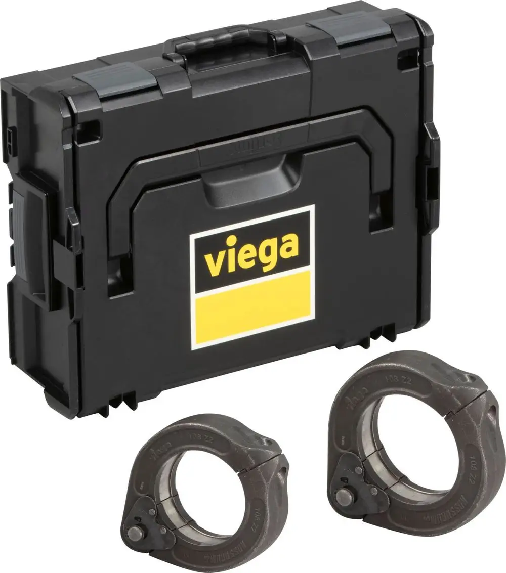 Schwarze Transportbox von Viega mit zwei Pressringen. Die Ringe sind aus Metall und weisen eine Öffnung zur Befestigung auf.