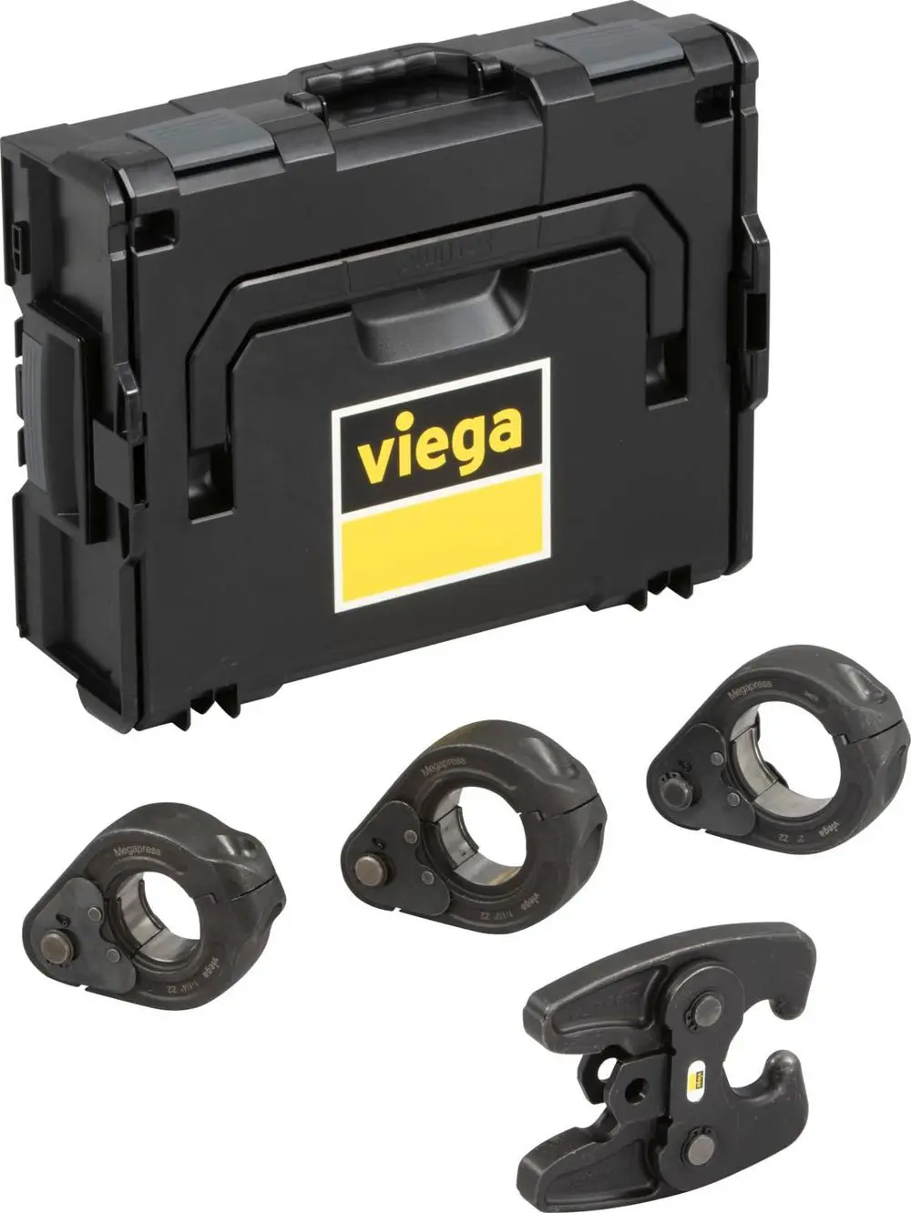 Viega Pressringset in schwarzem Koffer, bestehend aus mehreren Pressringen und einer Werkzeugklemme für die Rohrverbindung.