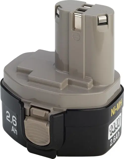 Graue NiMH-Batterie mit 2,6 Ah und 14,4 V, geeignet für Akku-Werkzeuge, mit speziellen Anschluss für die Aufladung.