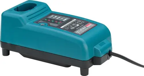 Akku-Ladegerät in turquoise mit Ladeanzeige für Akkus, ausgestattet mit einem elektrischen Anschluss und einem Platz für den Akku.