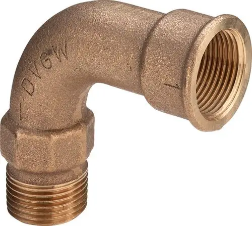 Bogen aus Rotguss oder Siliziumbronze mit 90-Grad-Winkel und Gewinde, hergestellt von Viega. Geeignet für Rohrverbindungen in verschiedenen Anwendungen.
