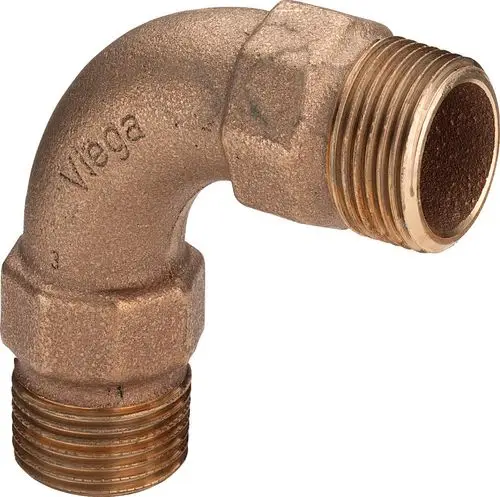 Bogenstück aus Rotguss oder Siliziumbronze mit einer 90-Grad-Krümmung und Gewinden. Hersteller: Viega.