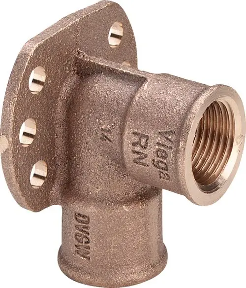 Wandscheibe aus Rotguss oder Siliziumbronze mit drei Befestigungslöchern und Innengewinde, hergestellt von Viega.