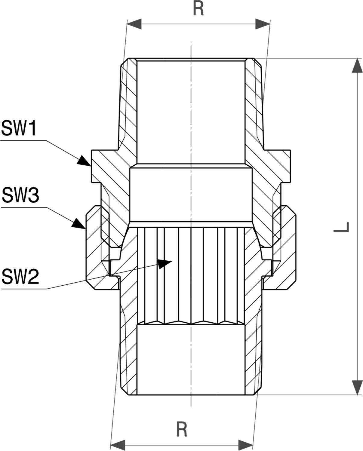 Viega-Verschraubung aus Rotguss oder Siliziumbronze, mit R-3344-Design. Abmessungen und Details sind im Bild klar zu erkennen.