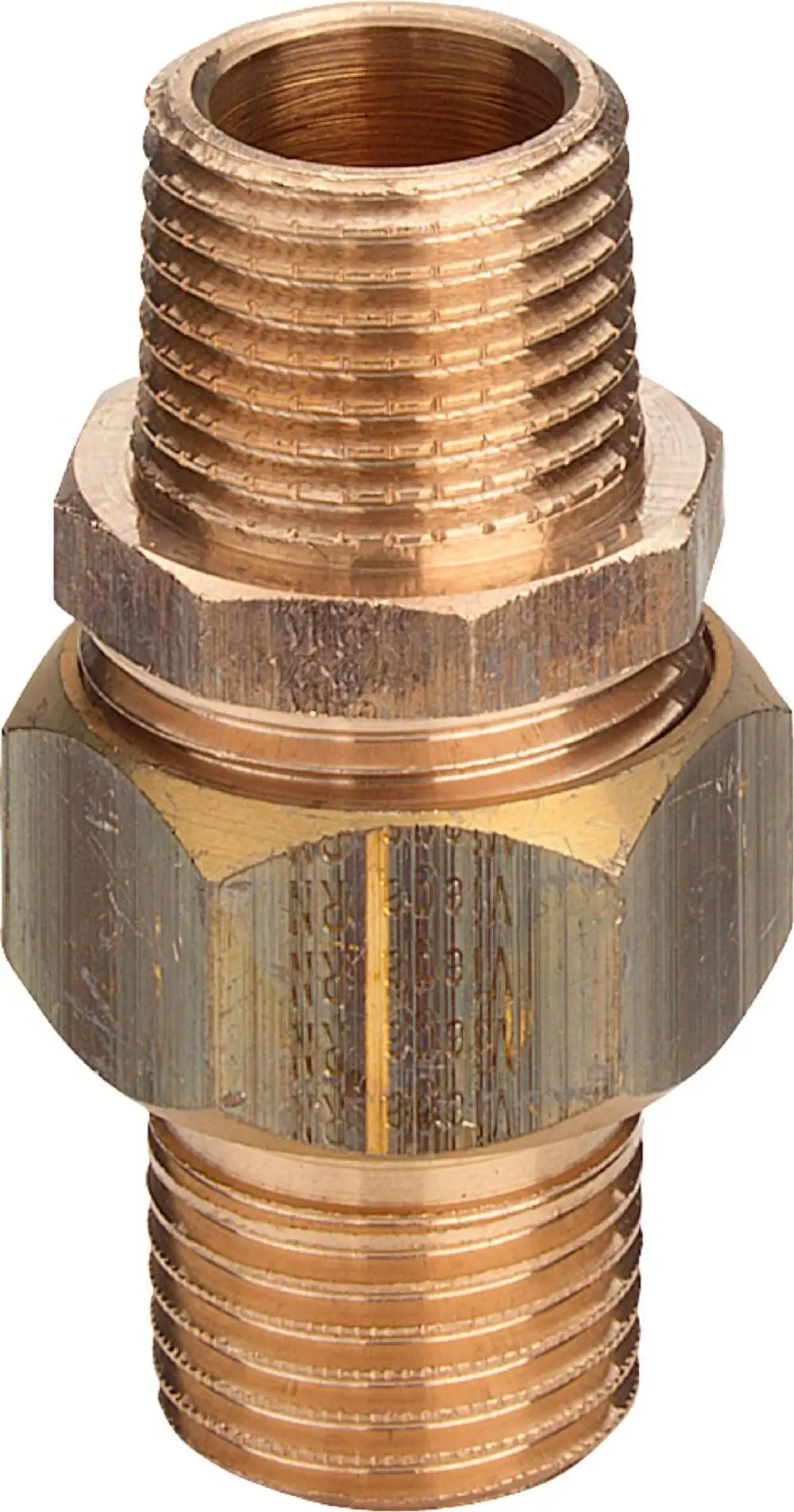 Viega-Verschraubung aus Rotguss oder Siliziumbronze mit Gewinde für Rohrverbindungen, charakteristisches Design mit zwei großen Ringen.