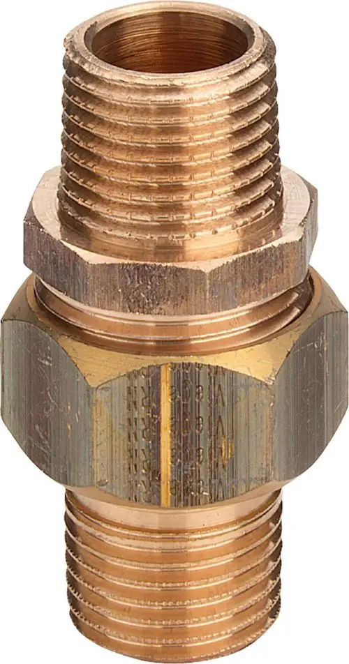 Viega-Verschraubung aus Rotguss oder Siliziumbronze mit Gewinde für Rohrverbindungen, charakteristisches Design mit zwei großen Ringen.