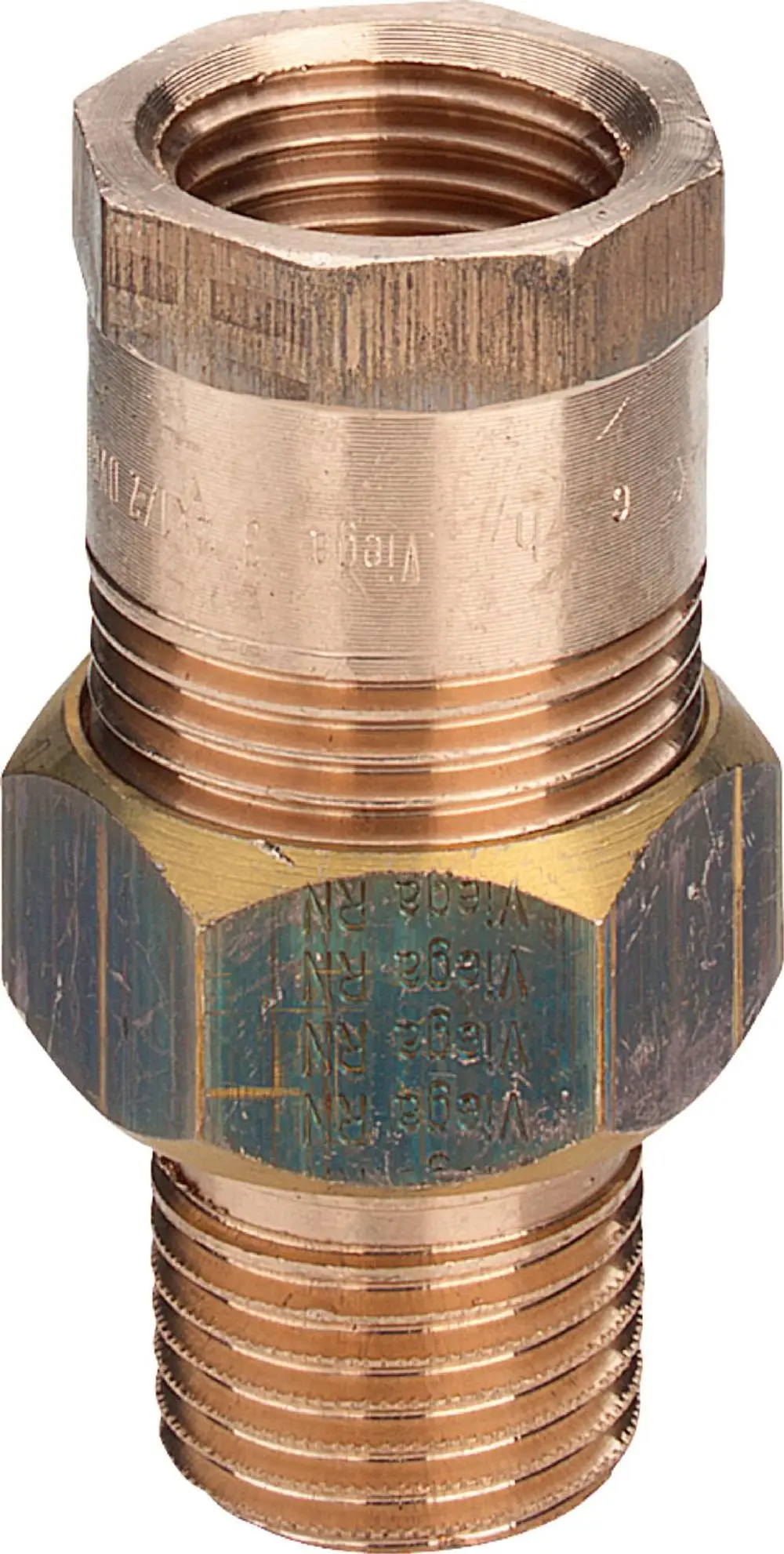 Viega-Verschraubung aus Rotguss oder Siliziumbronze mit einem gewindeten Anschluss. Eigenschaft und Funktion durch die Form und Farbe des Materials erkennbar.