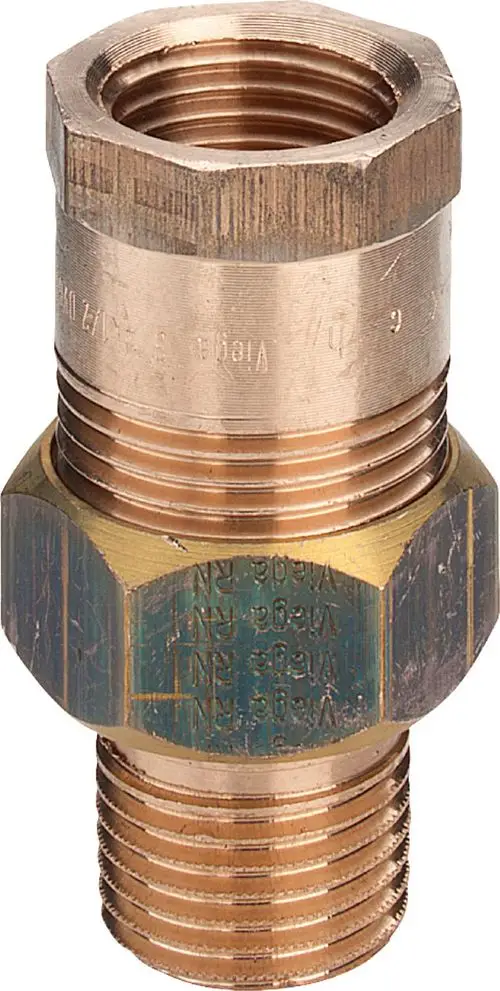 Viega-Verschraubung aus Rotguss oder Siliziumbronze mit einem gewindeten Anschluss. Eigenschaft und Funktion durch die Form und Farbe des Materials erkennbar.