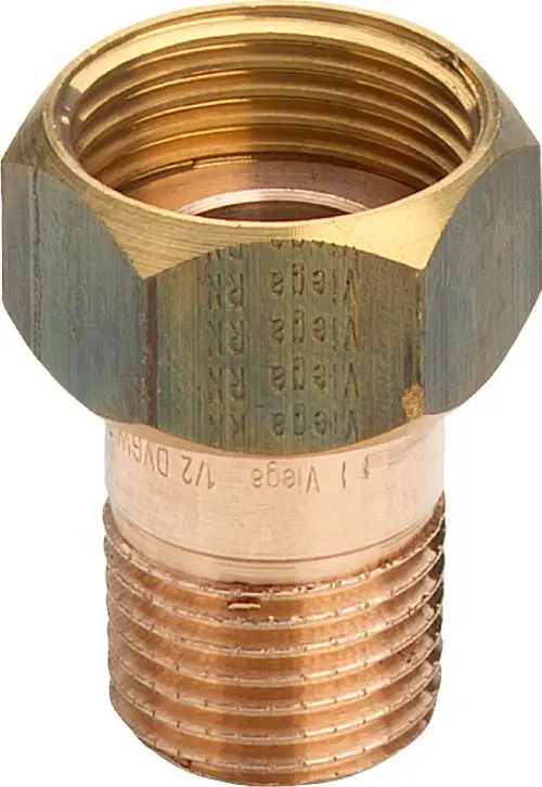 Viega Anschlussverschraubung aus Rotguss oder Siliziumbronze, mit innen liegendem Gewinde und sechseckigem Kopf für Montagewerkzeuge.