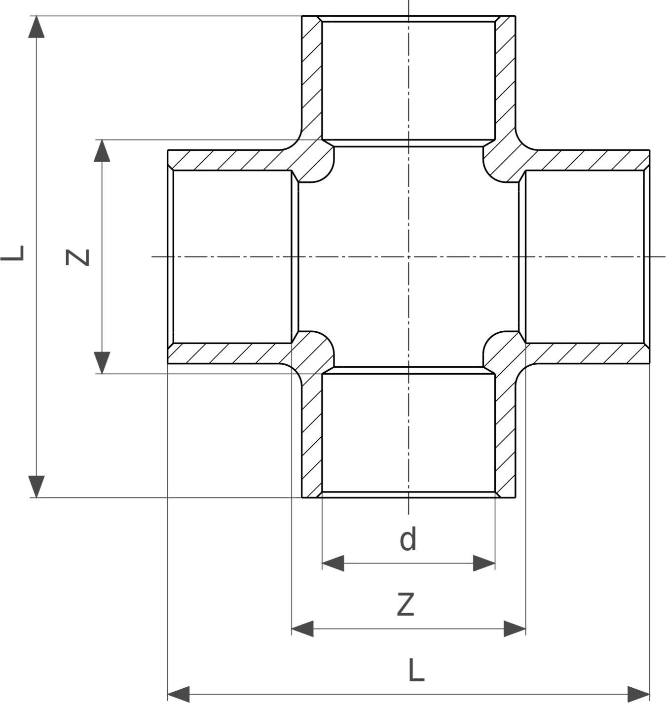 Kreuzstück aus Rotguss mit verschiedenen Anschlussmöglichkeiten, dargestellt in einem technischen Diagramm, das die Maße und Formen zeigt. Marke Viega.