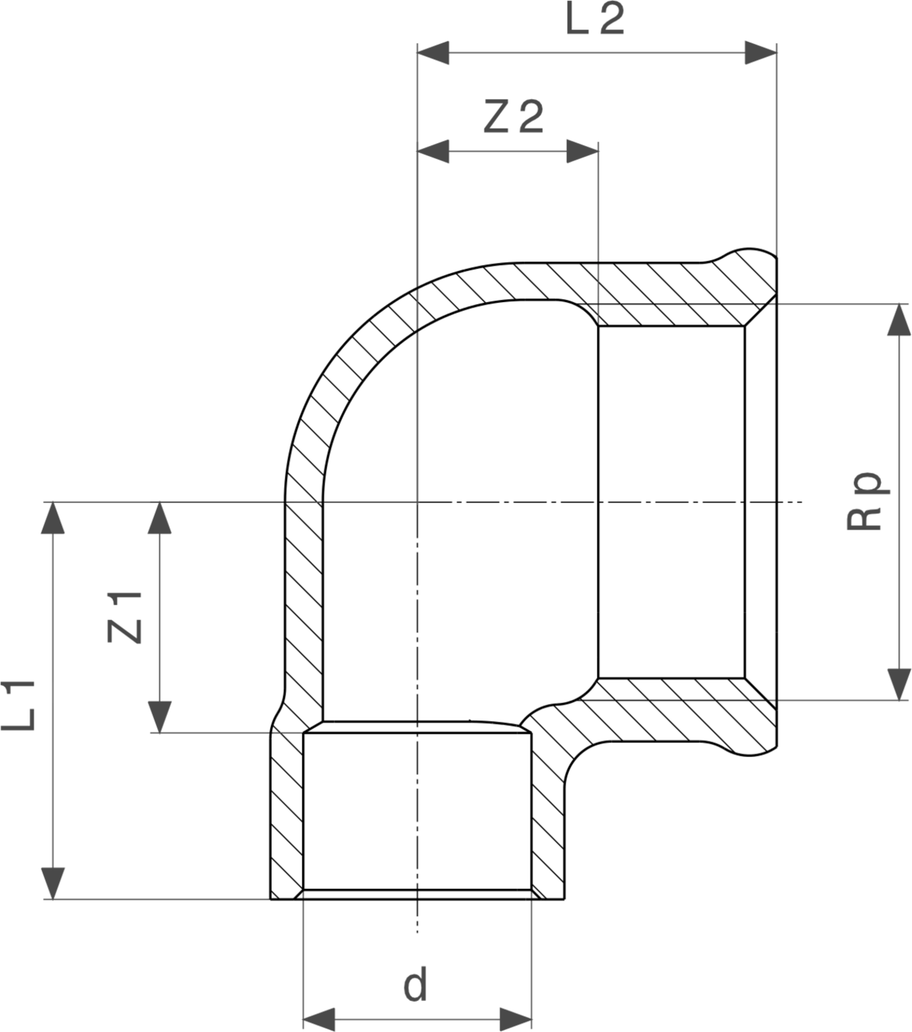 Viega Übergangswinkel mit einer Biegung von 90 Grad, dargestellt in einem technischen Diagramm, mit gemäßigten Maßen und Kennzeichnungen für verschiedene Dimensionen.