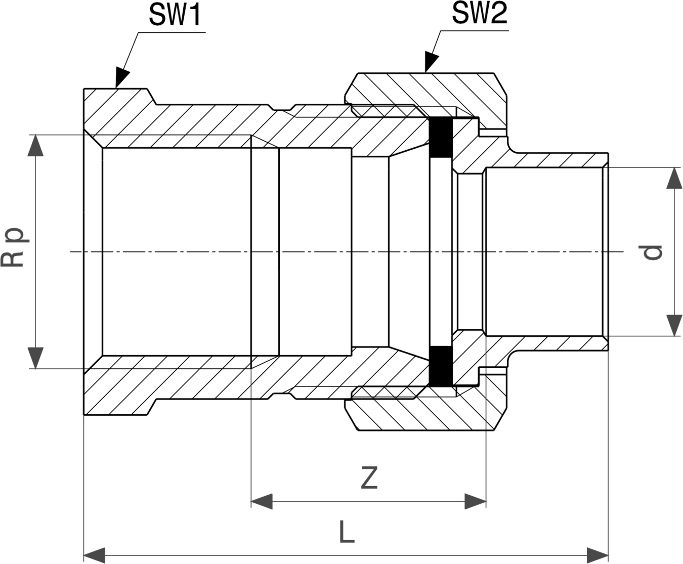 Übergangsverschraubung aus Rotguss mit Messing, geeignet für Rohrverbindungen. Produkt von Viega, zeigt Anschlussgrößen und Geometrie zur Integration in Rohrsysteme.
