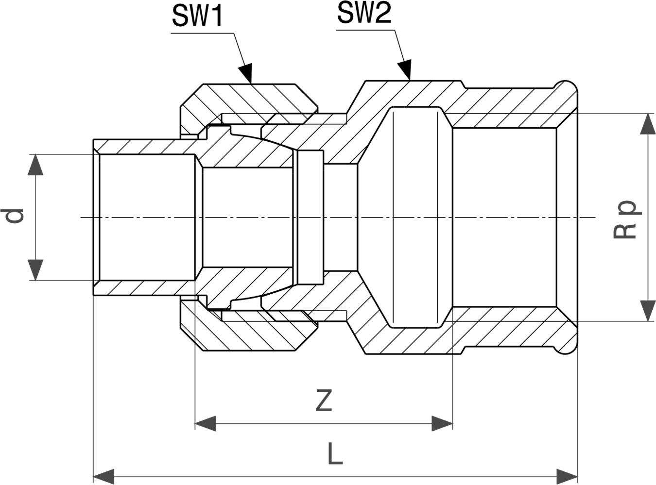 Übergangsverschraubung aus Messing mit verschiedenen Anschlussmaßen, gefertigt von Viega, dargestellt in einem technischen Diagramm mit genauen Maßangaben.