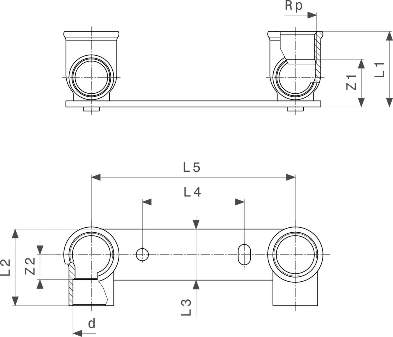 Montageeinheit aus Rotguss mit Anschluss für Stahlverzinkung, dargestellt in technischem Diagramm, zugehörig zur Marke Viega.