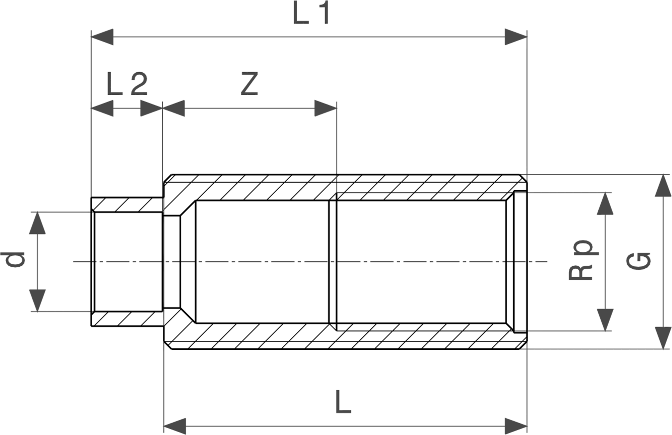 Durchführung aus Rotguss mit mehreren Anschlussmöglichkeiten, dargestellt in einem technischen Diagramm. Geeignet für Anwendungen von Viega.