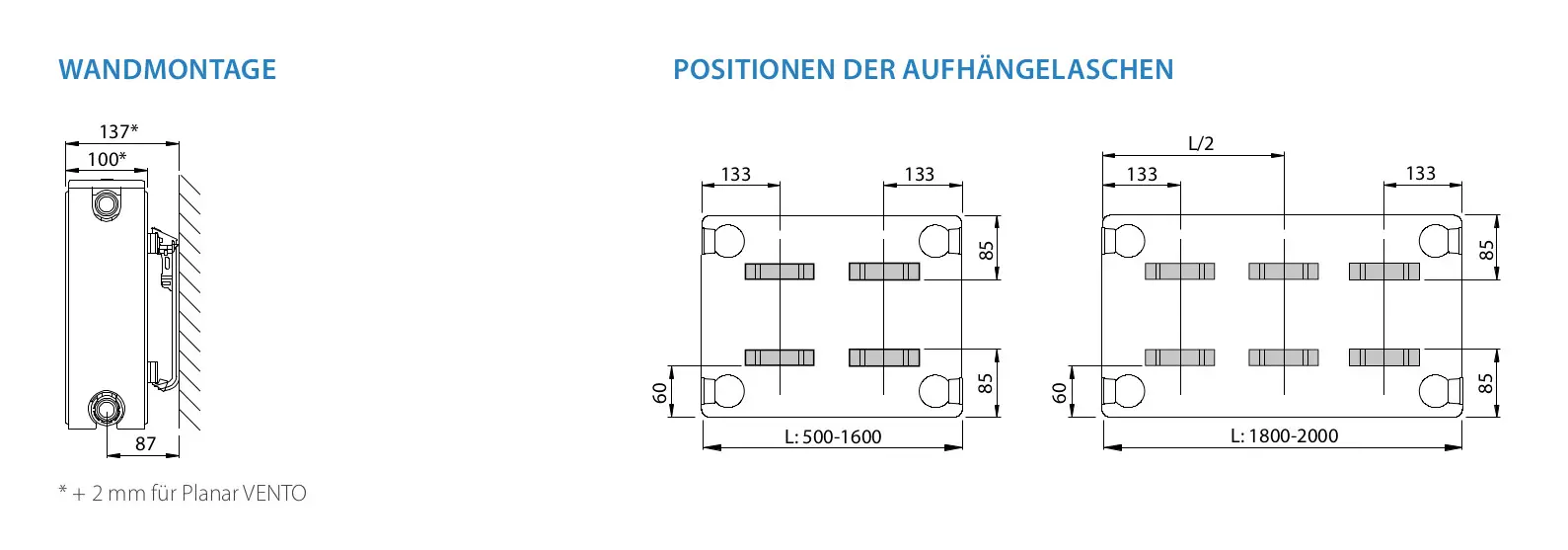 Stelrad Heizkörper mit Wandmontage und Aufhängelaschen, maßliche Zeichnungen zur Installation, zeigt Positionen und Abmessungen für die Montage.