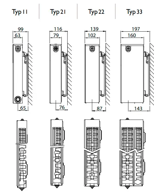 Stelrad Heizkörper mit vertikaler Anordnung und seitlichem Anschluss, dargestellt in technischen Zeichnungen mit verschiedenen Maßen und Ansichten.