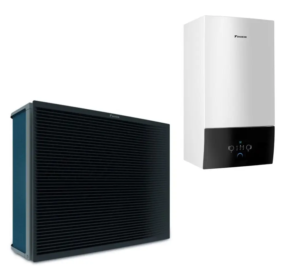 Daikin Außeneinheit und Inneneinheit für Heizsystem, mit gerillter Oberfläche und digitaler Steuerung. Inneneinheit in hellem Design und kompakter Bauform.