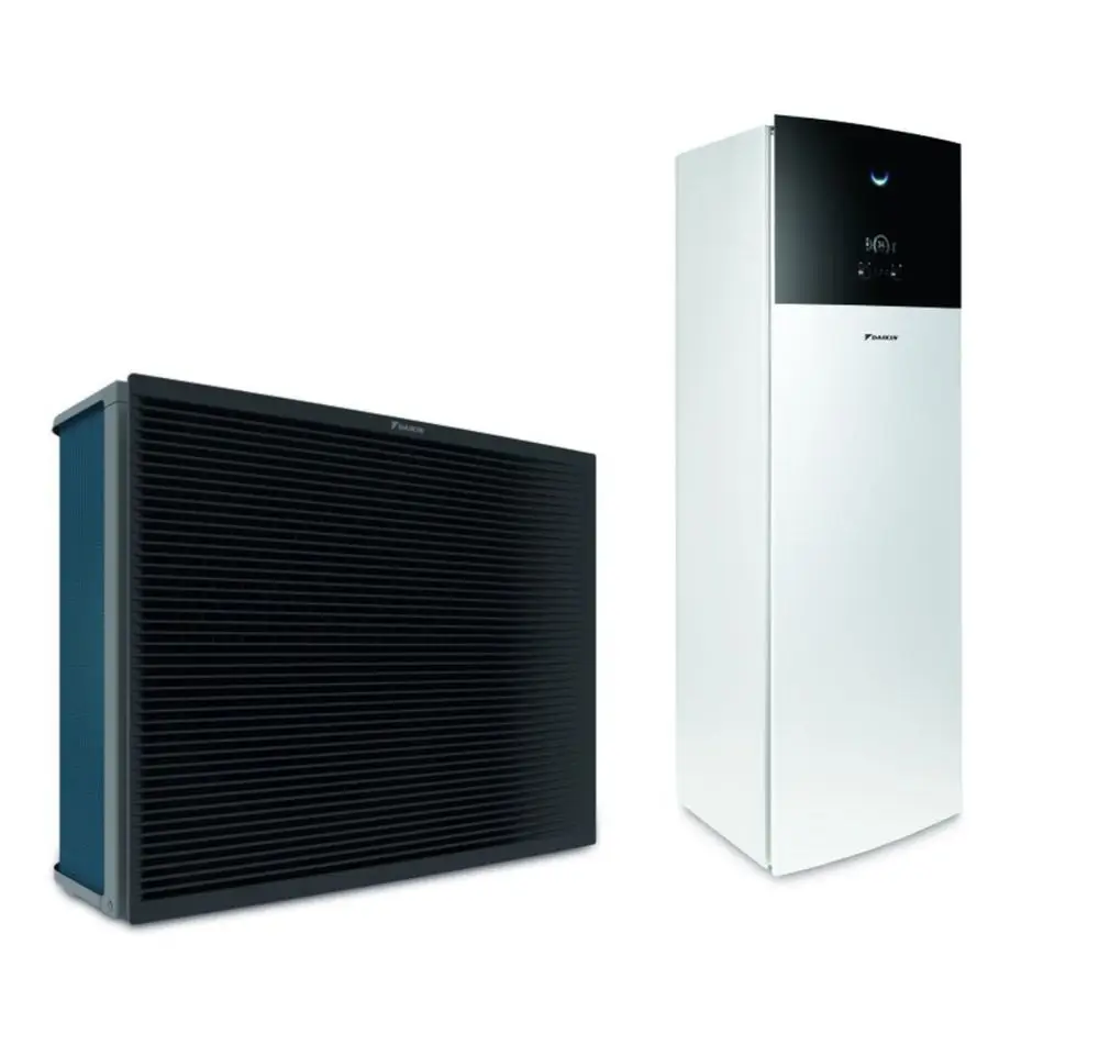 Daikin Klimaanlagen-System mit einer Außeneinheit und einer Inneneinheit in weißer und schwarzer Ausführung, geeignet zum Heizen und Kühlen.