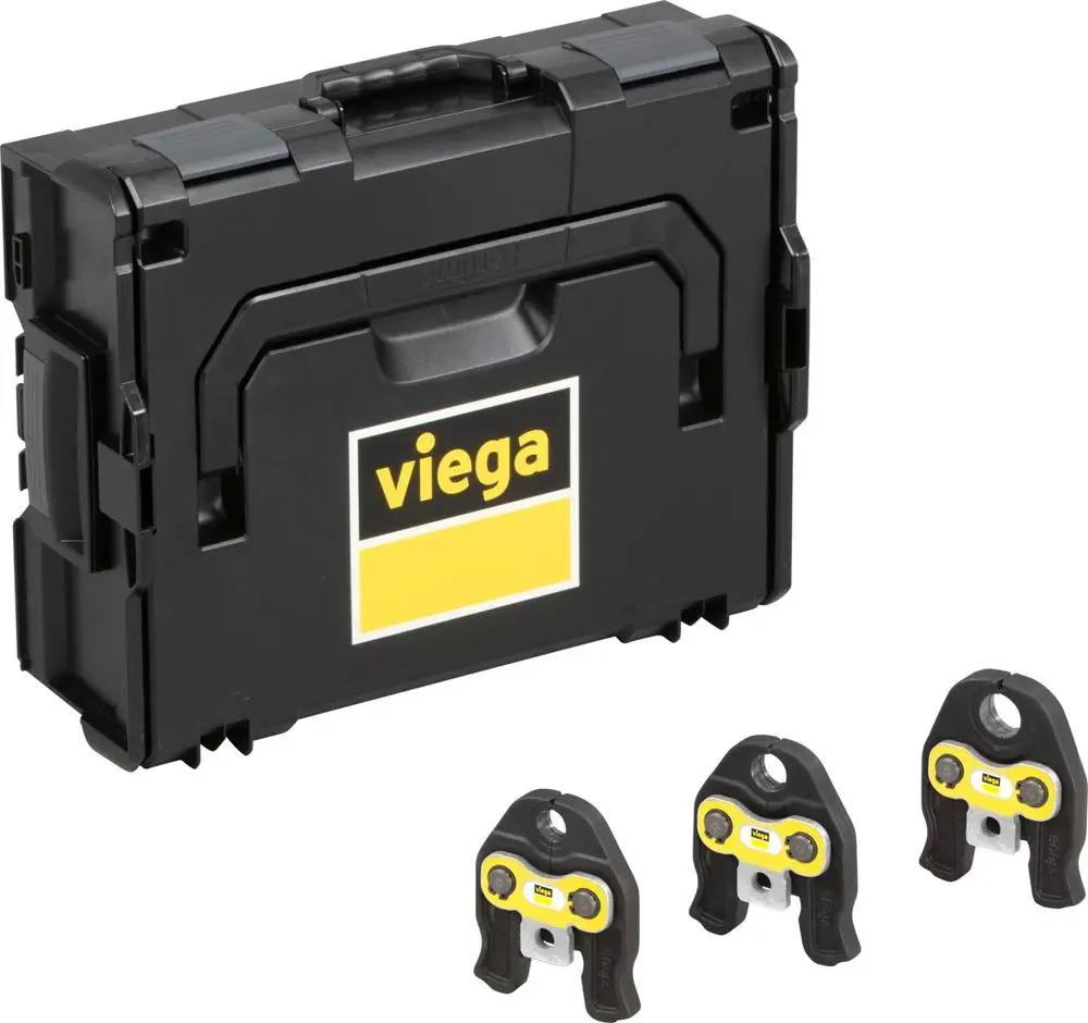 Schwarze Transportbox der Marke Viega mit einem Logo. Vor der Box befinden sich drei Pressbacken in unterschiedlichen Größen.